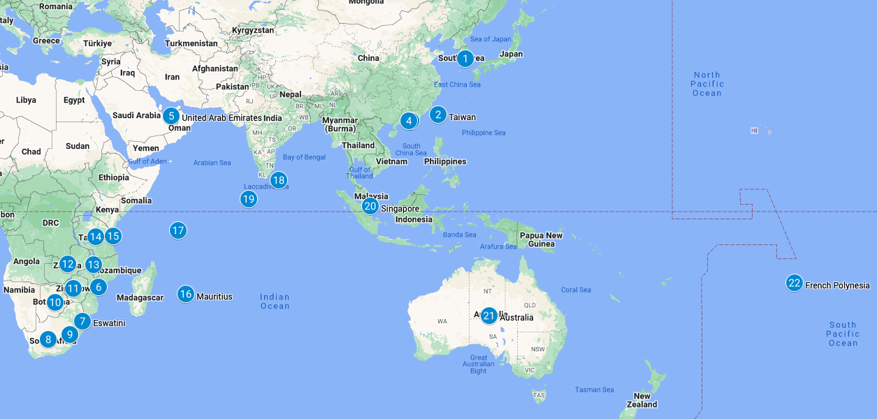 The 22 countries we're visiting on this trip.